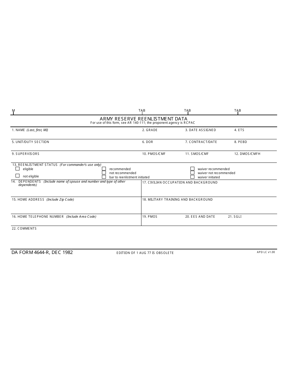 DA Form 4644-r Army Reserve Reenlistment Data, Page 1