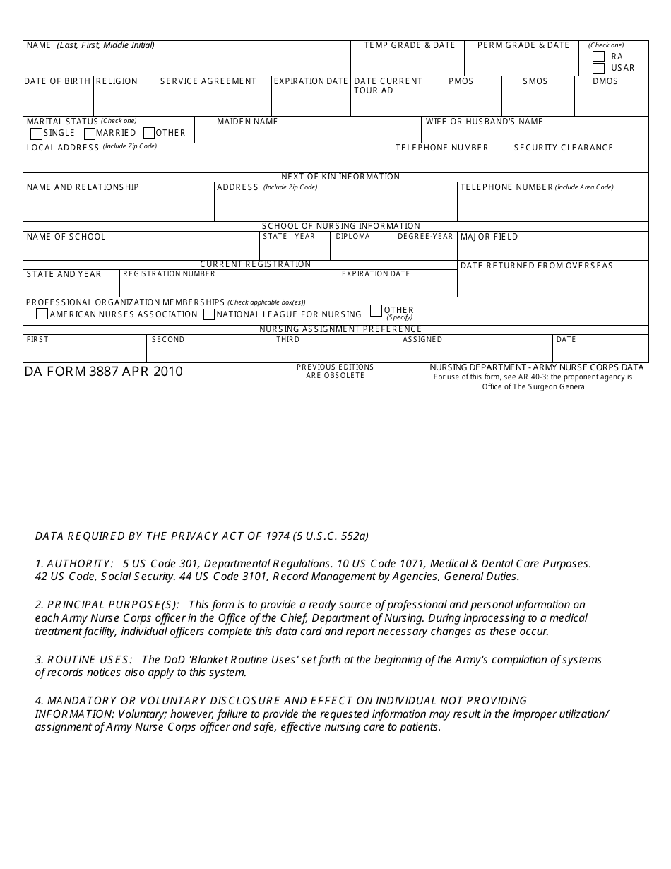 DA Form 3887 Nursing Department - Army Nurse Corps Data, Page 1