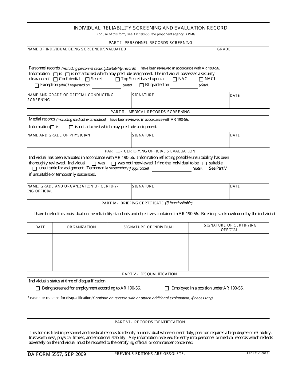 DA Form 5557 Individual Reliability Screening and Evaluation Record, Page 1
