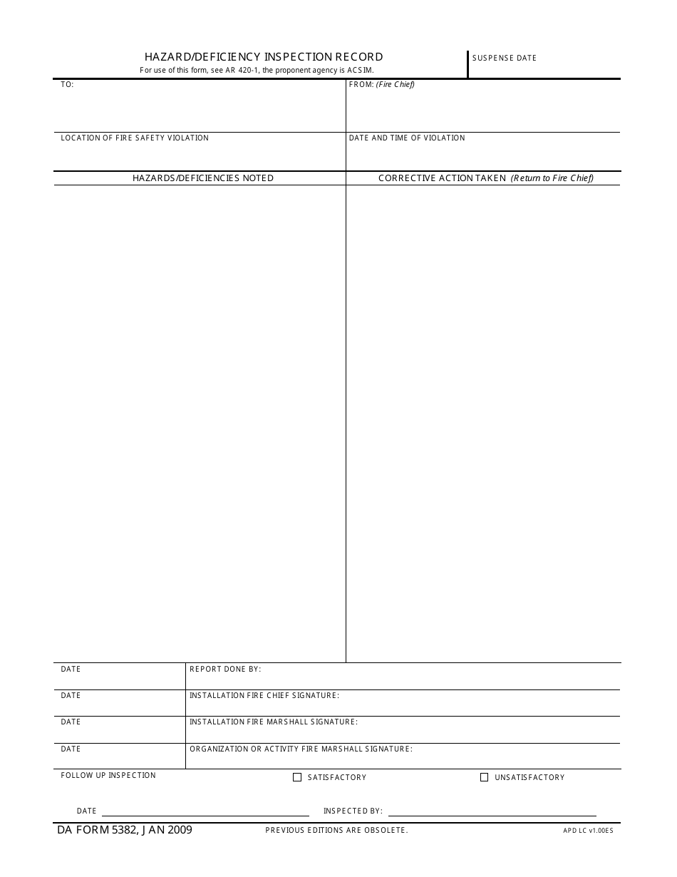 DA Form 5382 Hazard / Deficiency Inspection Record, Page 1