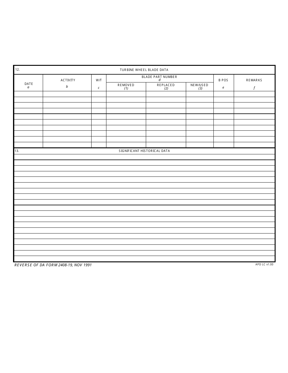 DA Form 2408-19 Aircraft Engine Turbine Wheel Historical Record, Page 2