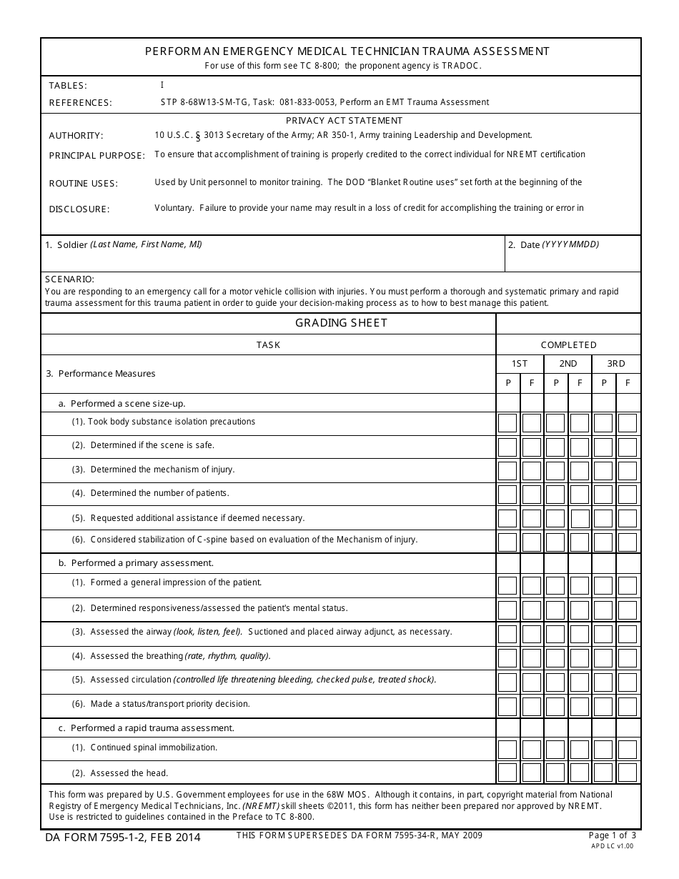 DA Form 7595-1-2 Perform an Emergency Medical Technician Trauma Assessment, Page 1