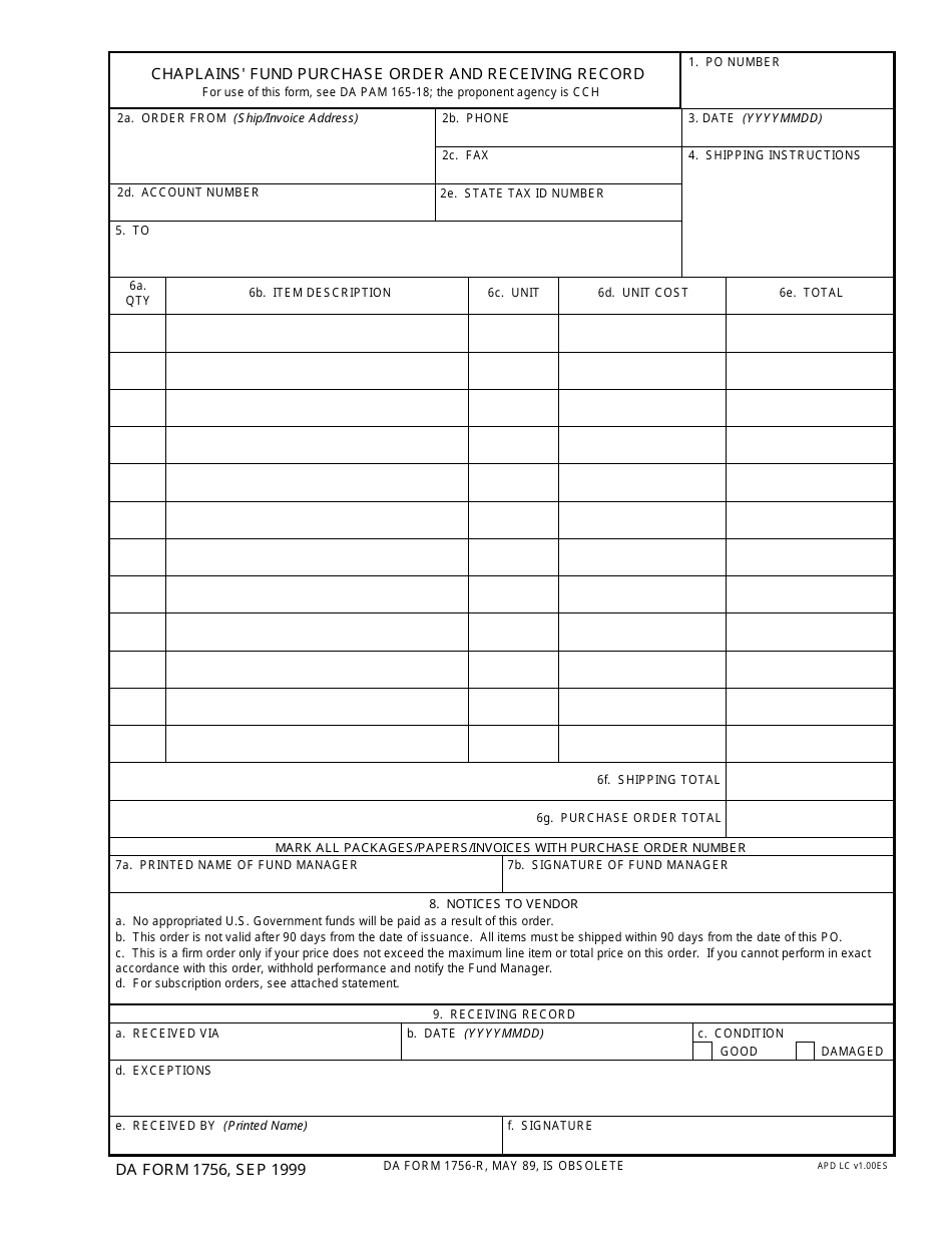 DA Form 1756 Chaplains' Fund Purchase Order and Receiving Record, Page 1