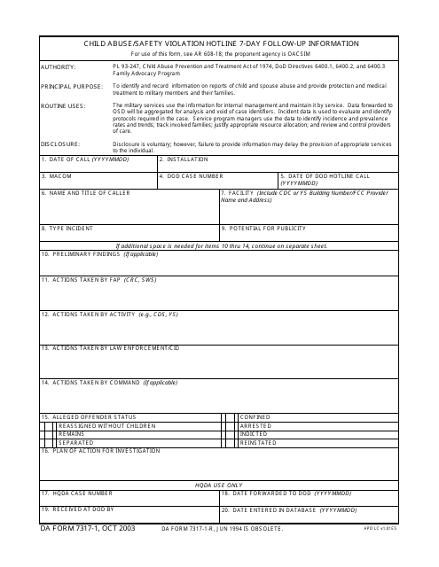 DA Form 7317-1  Printable Pdf