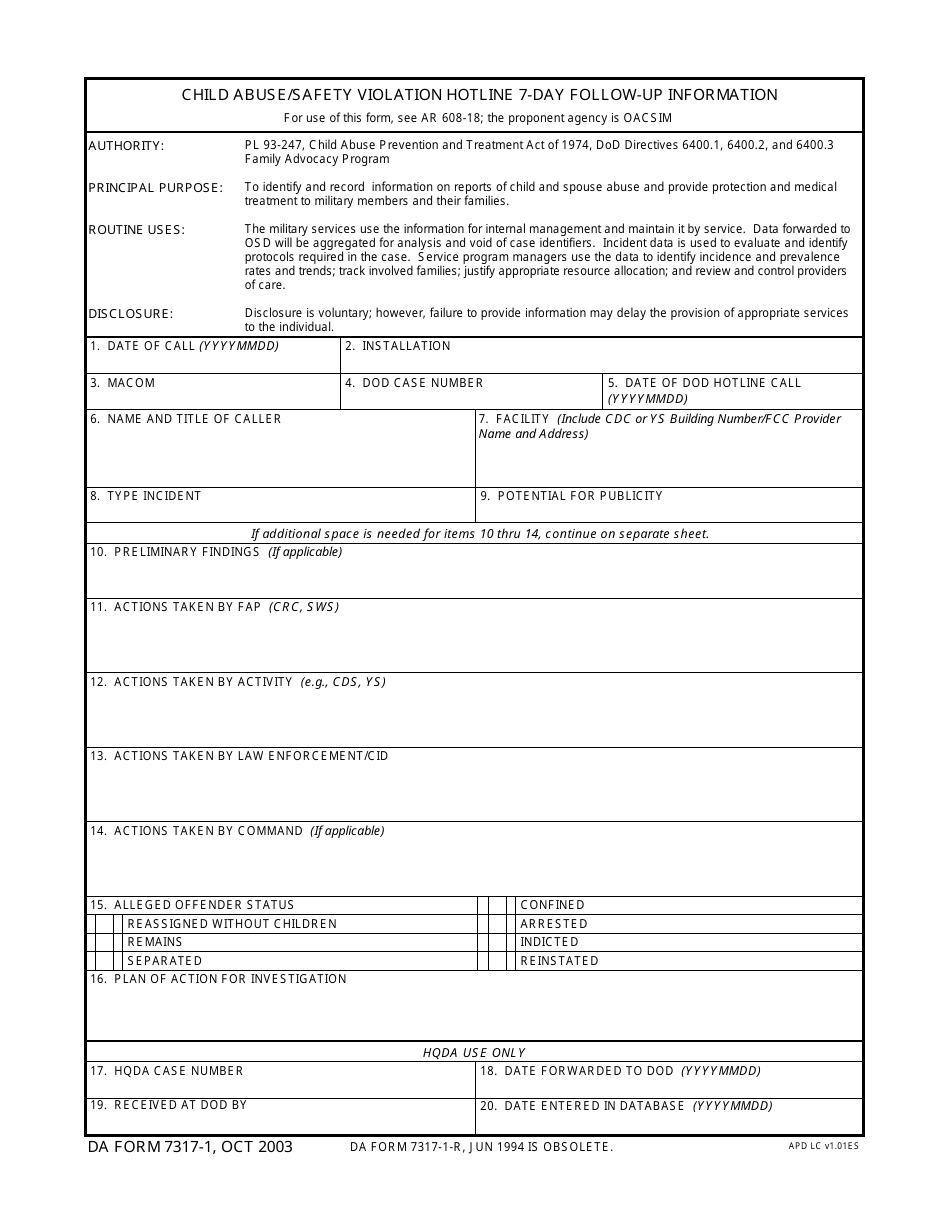 DA Form 7317-1 Child Abuse / Safety Violation Hotline 7-day Follow-Up Information, Page 1