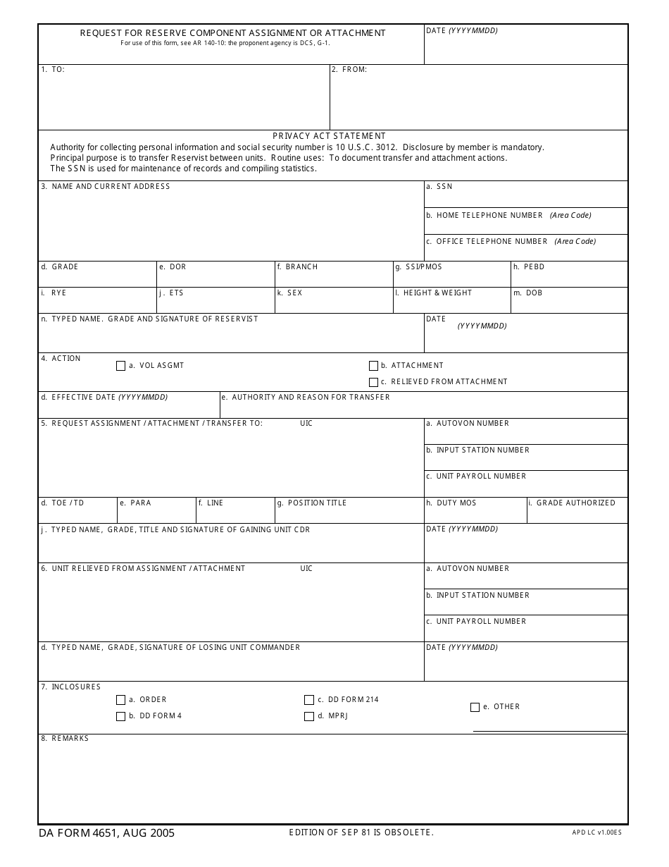 DA Form 4651 Request for Reserve Component Assignment or Attachment, Page 1