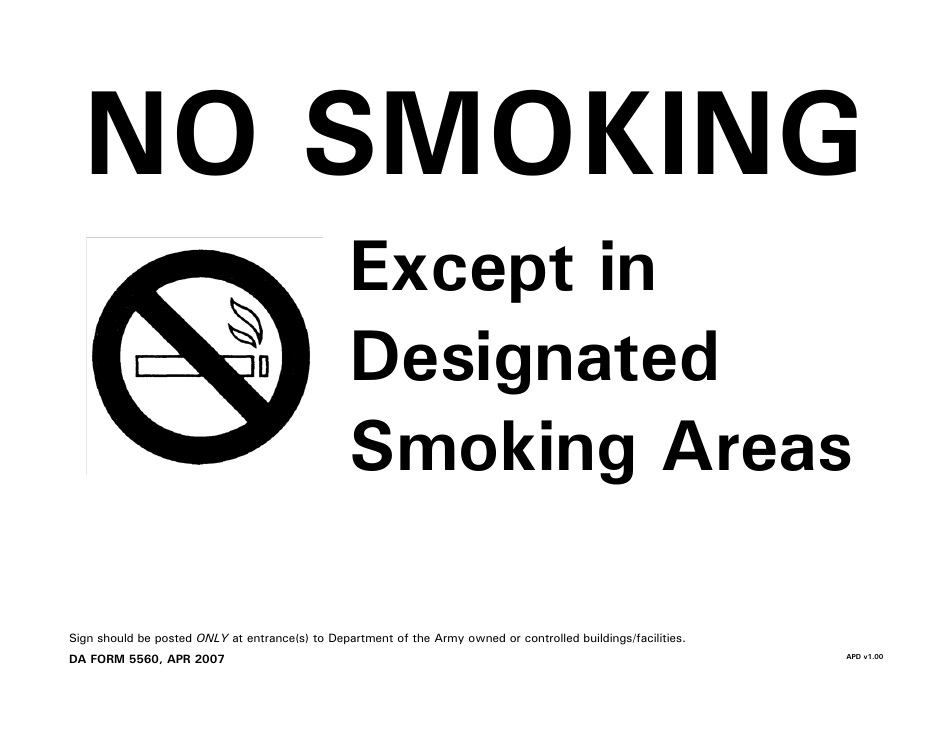 DA Form 5560 No Smoking Except in Designated Smoking Areas, Page 1