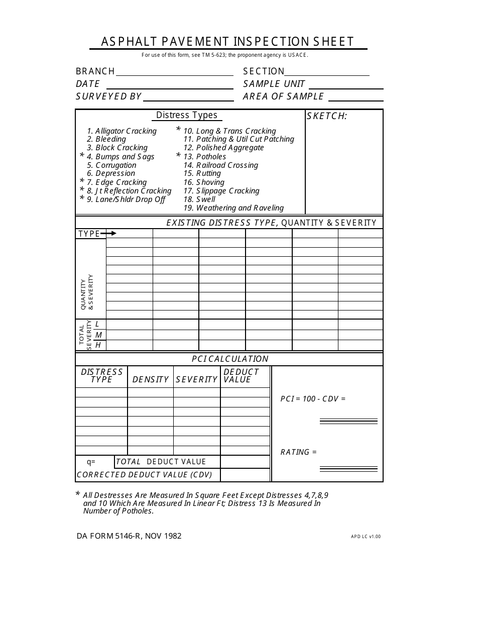 DA Form 5146-r Asphalt Pavement Inspection Sheet, Page 1