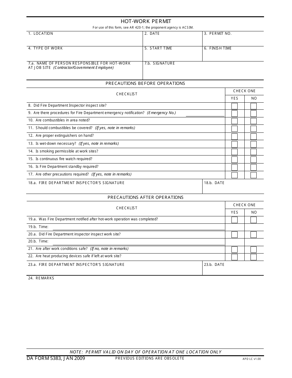 DA Form 5383 Hot-Work Permit, Page 1
