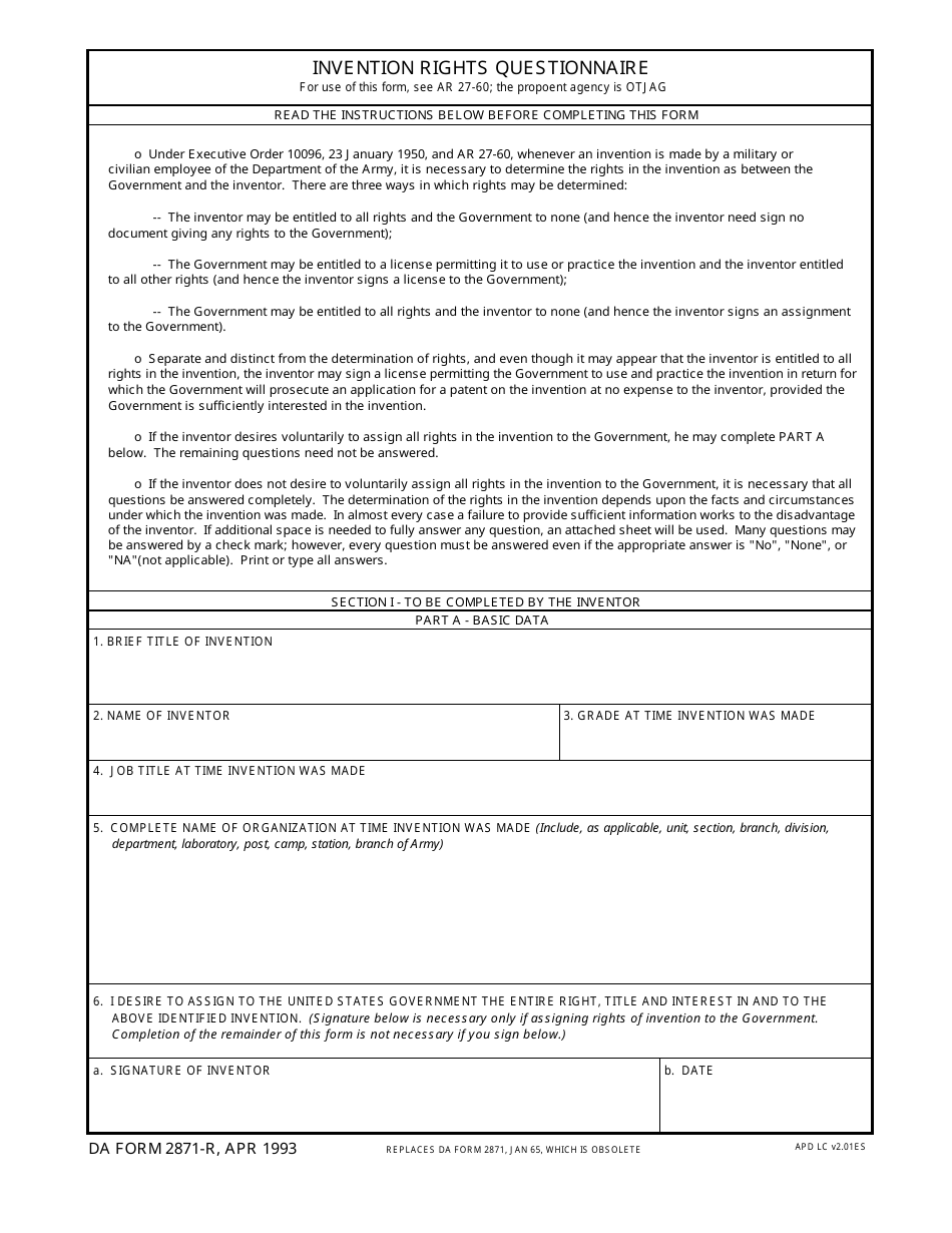 DA Form 2871-r Invention Rights Questionnaire, Page 1