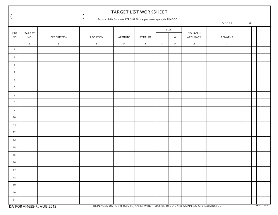 DA Form 4655 Target List Worksheet, Page 1