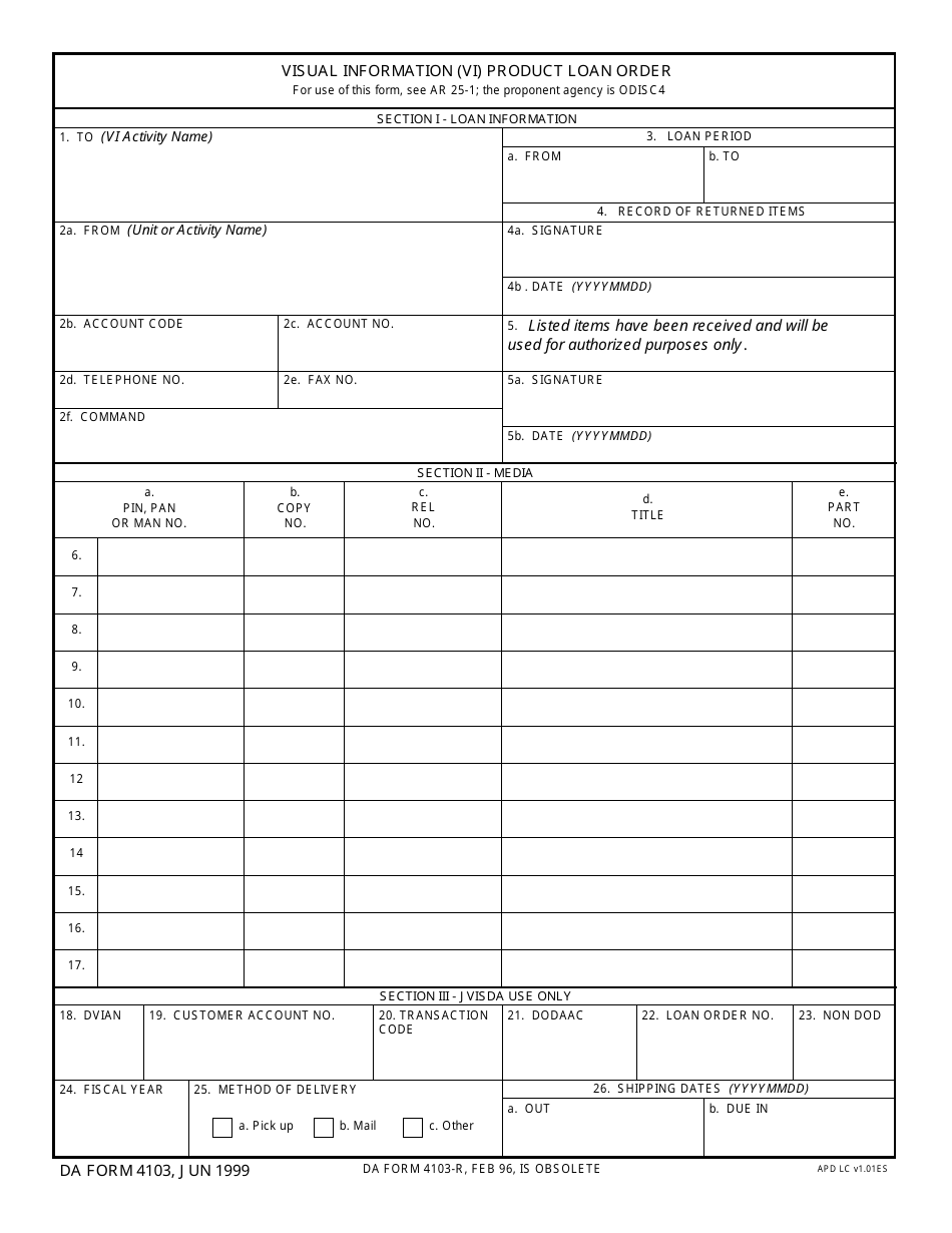 DA Form 4103 Visual Information (VI) Product Loan Order, Page 1