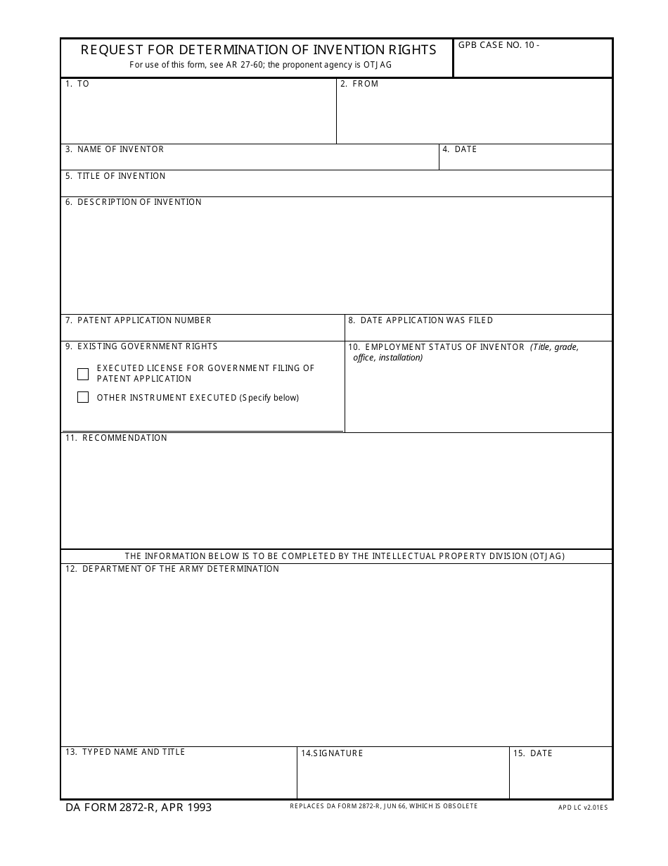 DA Form 2872-r Request for Determination of Invention Rights, Page 1