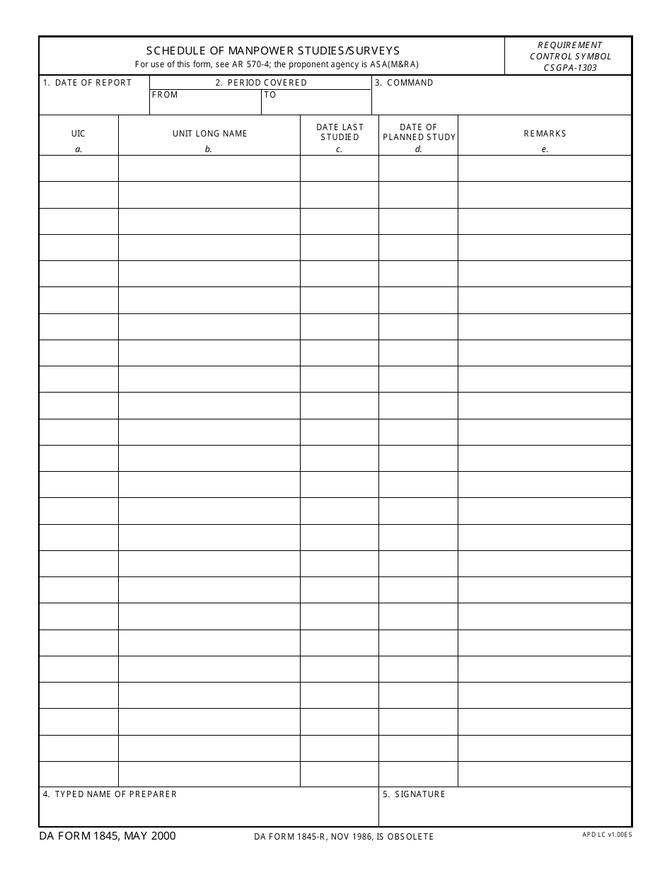 DA Form 1845 Schedule of Manpower Studies / Surveys, Page 1