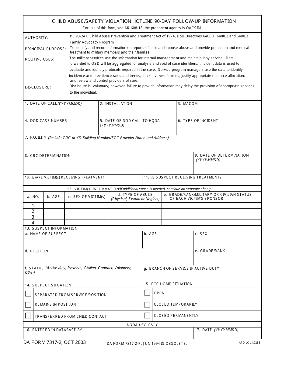 DA Form 7317-2 Child Abuse / Safety Violation Hotline 90-day Follow-Up Information, Page 1