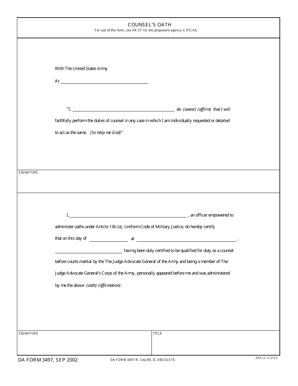 DA Form 3497 Counsels Oath, Page 1
