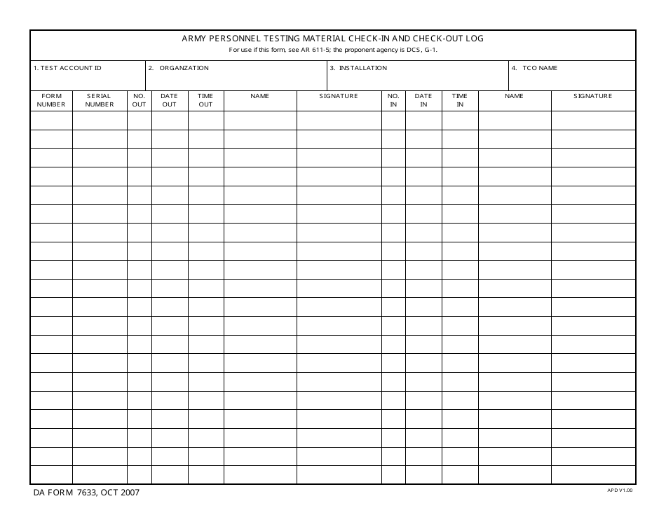DA Form 7633 Army Personnel Testing Material Check-In and Check-Out Log, Page 1