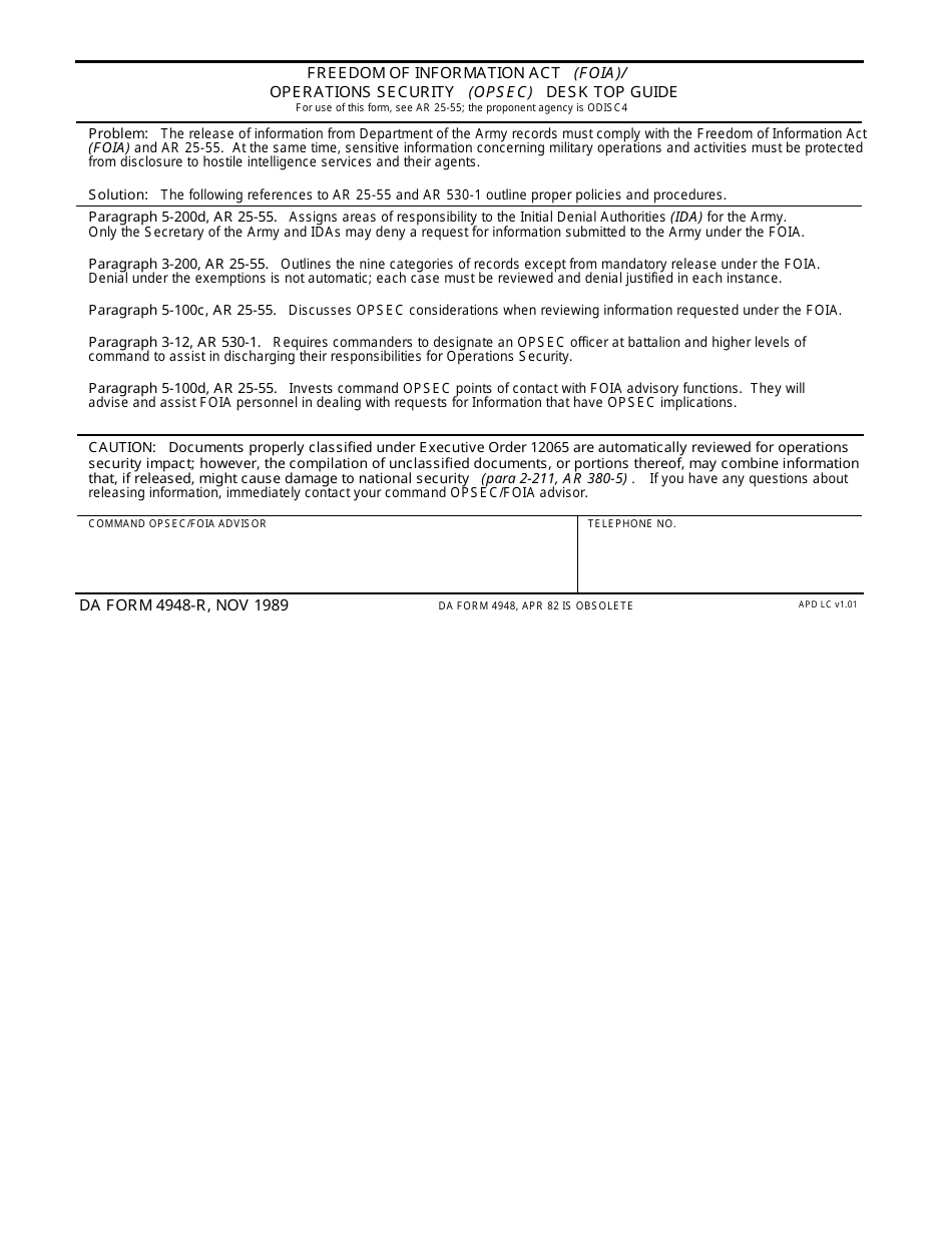 DA Form 4948 Freedom of Information Act (Foia) / Operations Security (Opsec) Desk Top Guide, Page 1