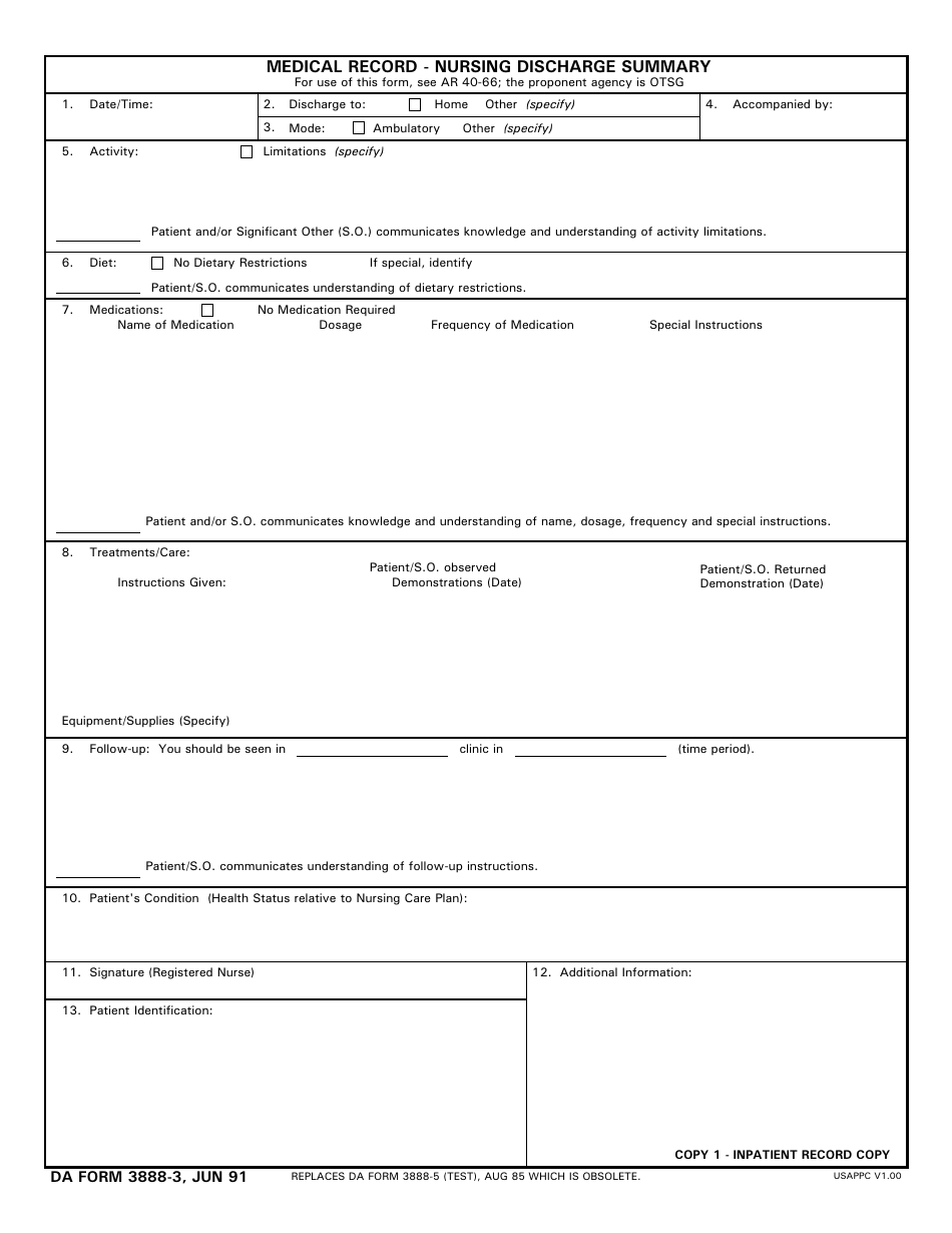 DA Form 3888-3 Medical Record - Nursing Discharge Summary, Page 1