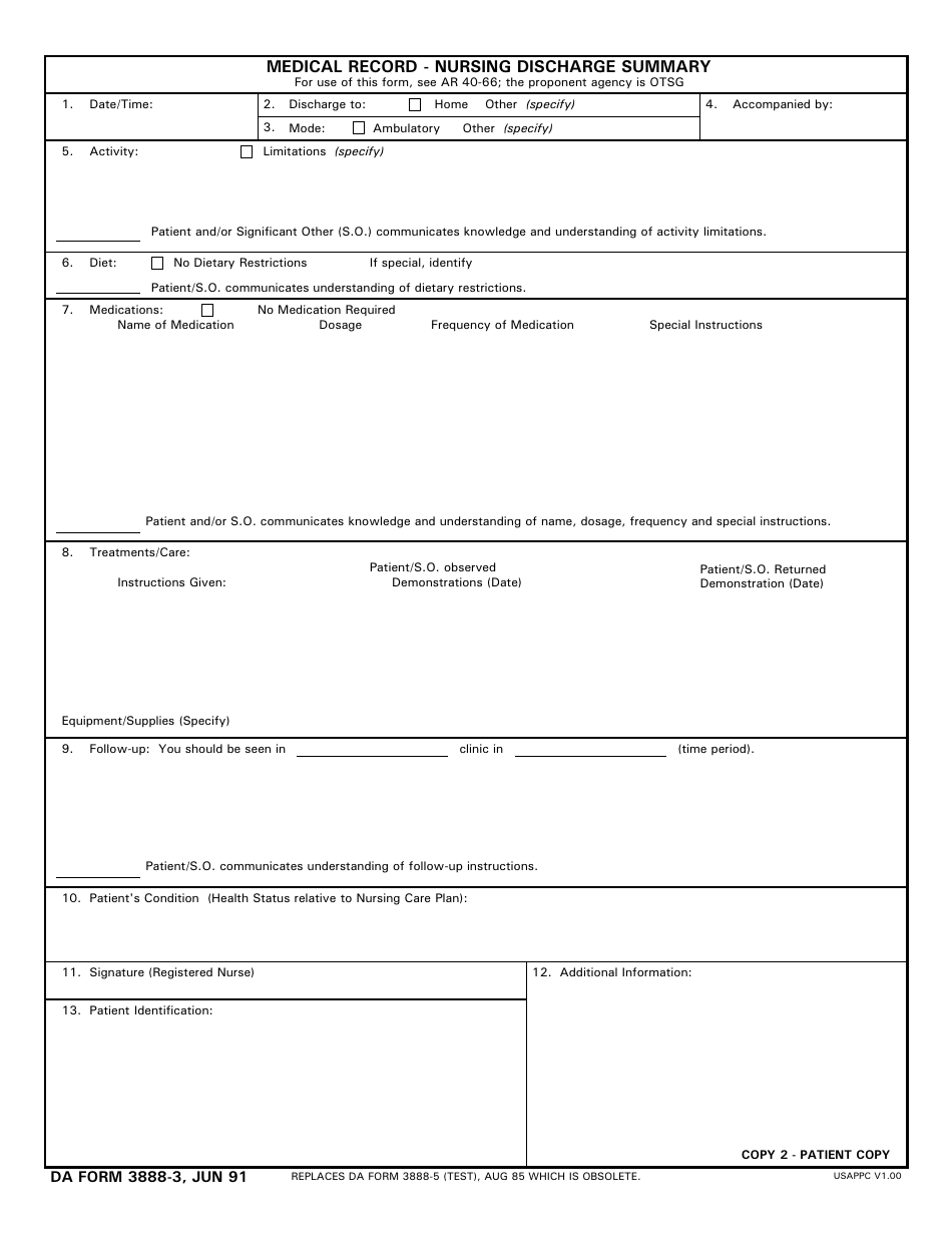 DA Form 3888-3 Medical Record - Nursing Discharge Summary, Page 2
