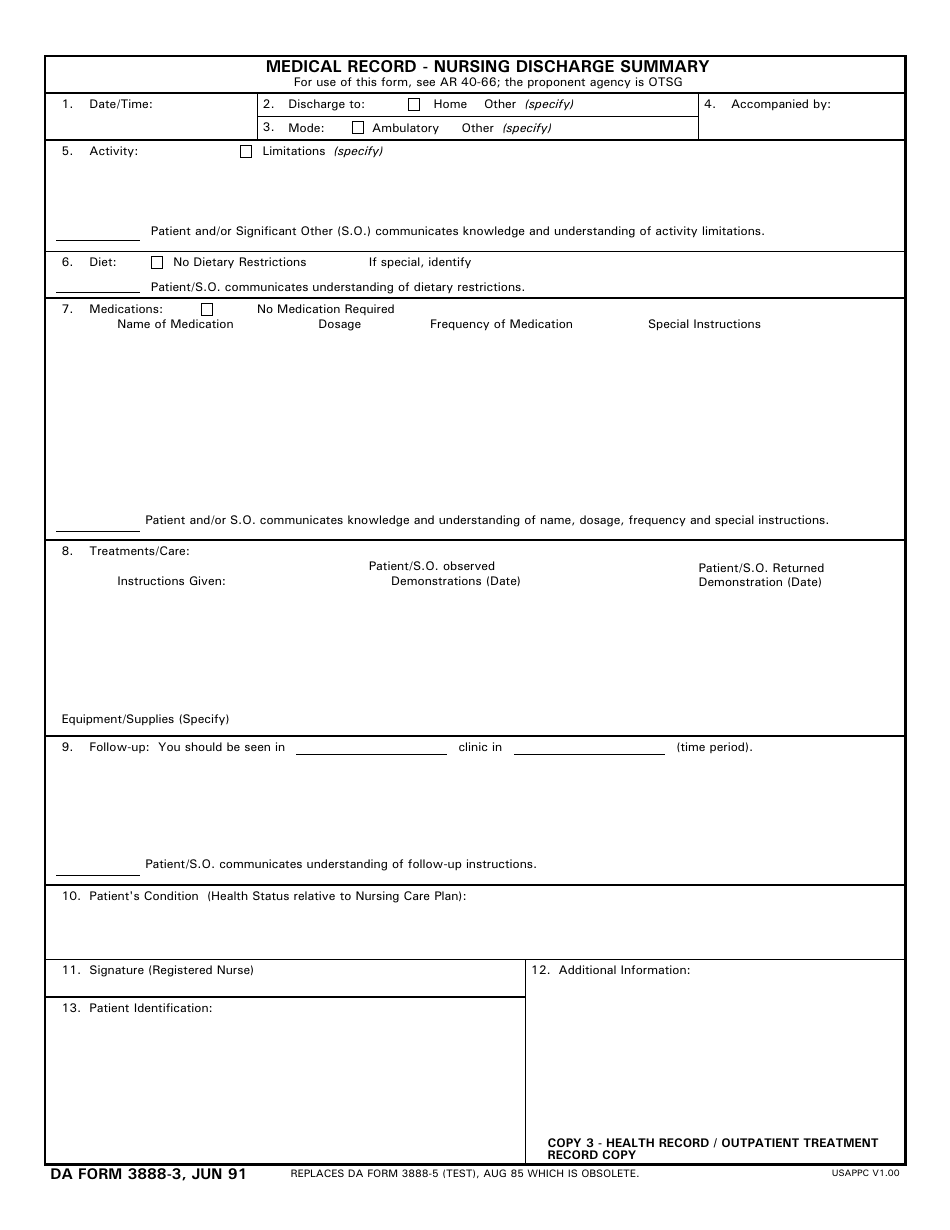 DA Form 3888-3 Medical Record - Nursing Discharge Summary, Page 3