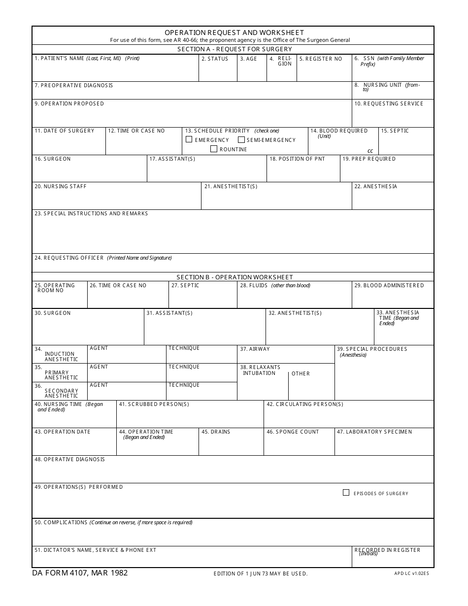 DA Form 4107 Operation Request and Worksheet, Page 1