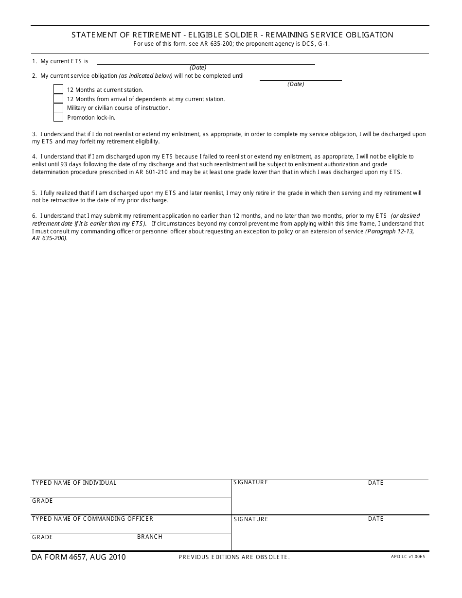 DA Form 4657 Statement of Retirement - Eligible Soldier - Remaining Service Obligation, Page 1