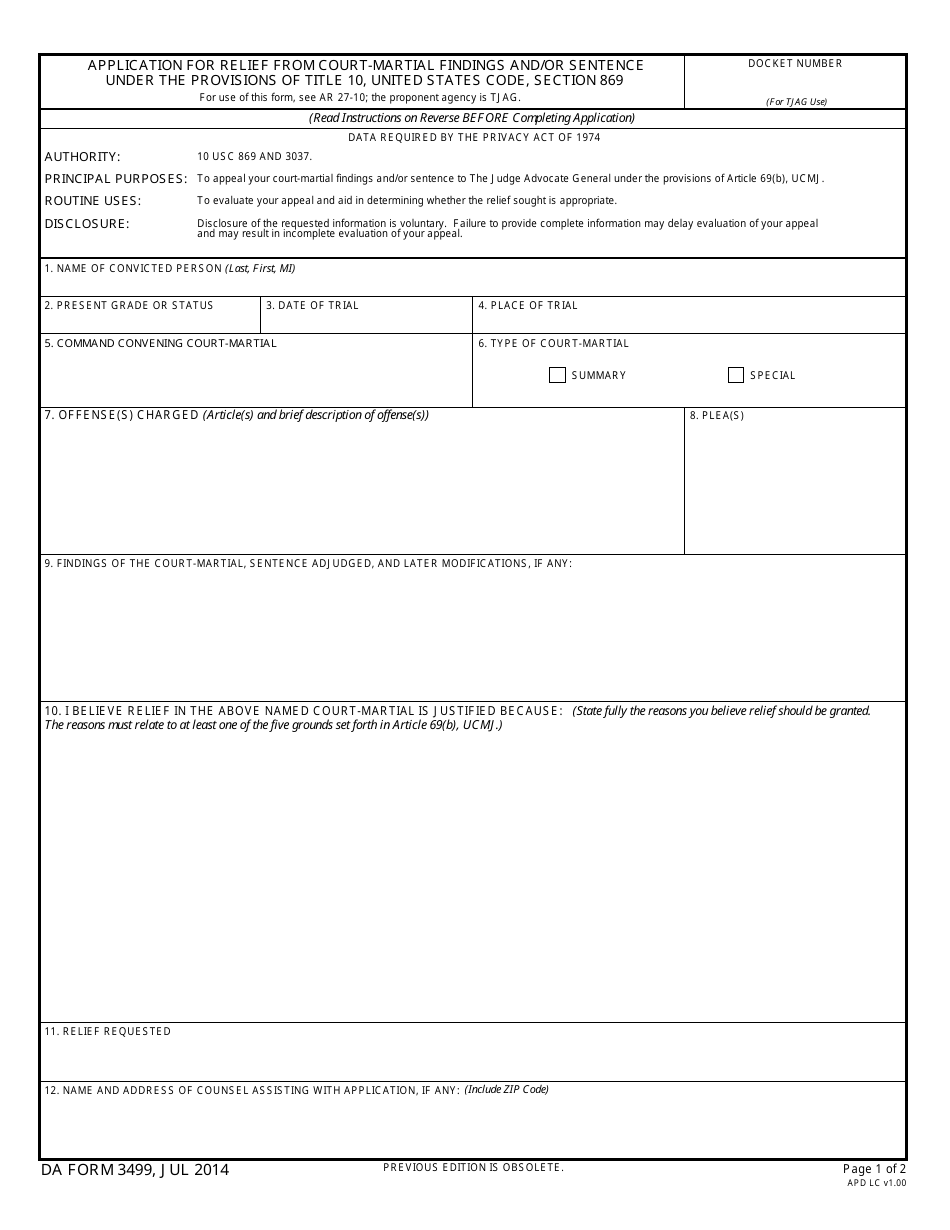 DA Form 3499 Application for Relief From Court-Martial Findings and / or Sentence Under the Provisions of Title 10, United States Code, Section 869, Page 1