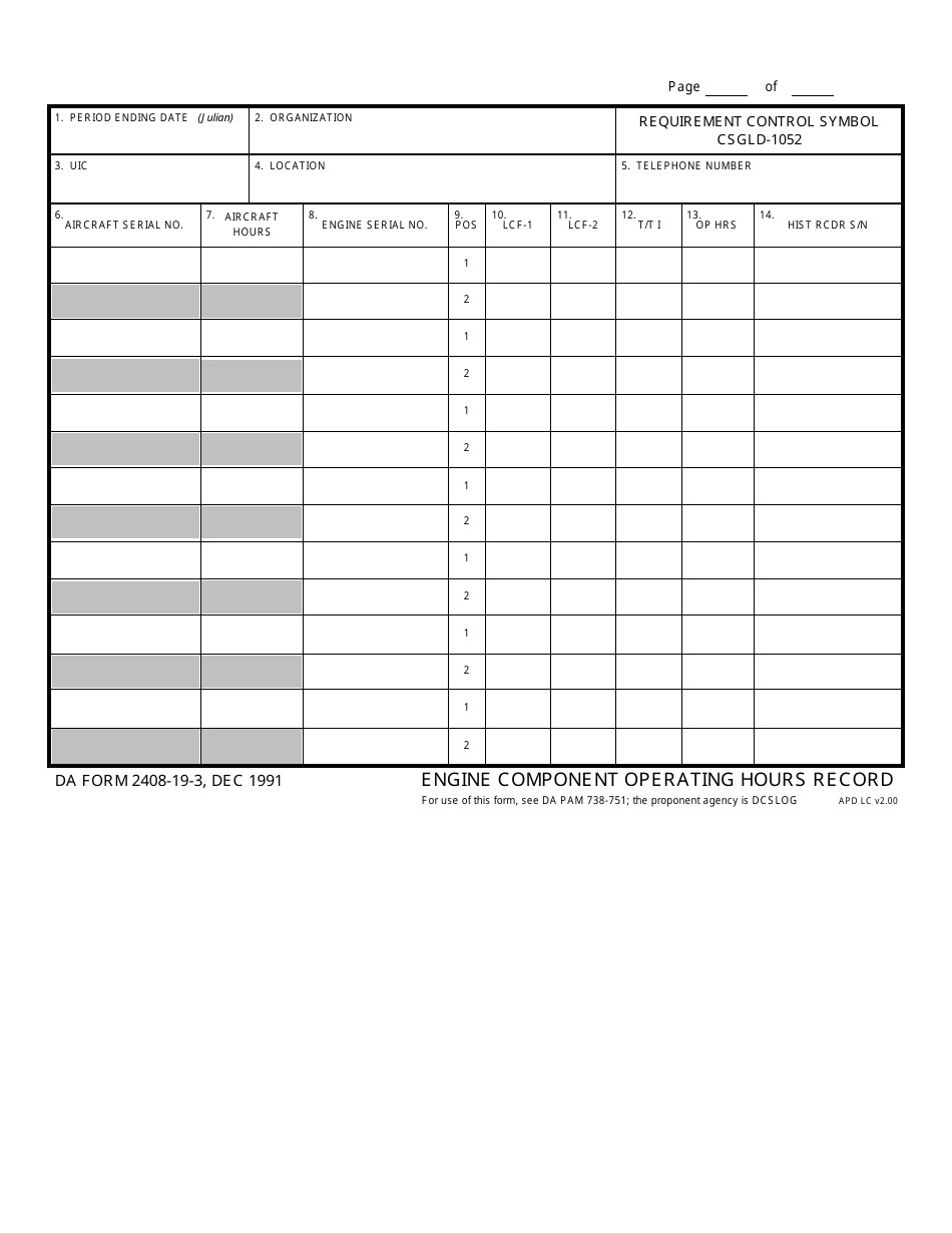 DA Form 2408-19-3 Engine Conponent Operating Hours Record, Page 1