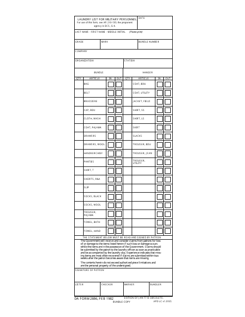 DA Form 2886  Printable Pdf