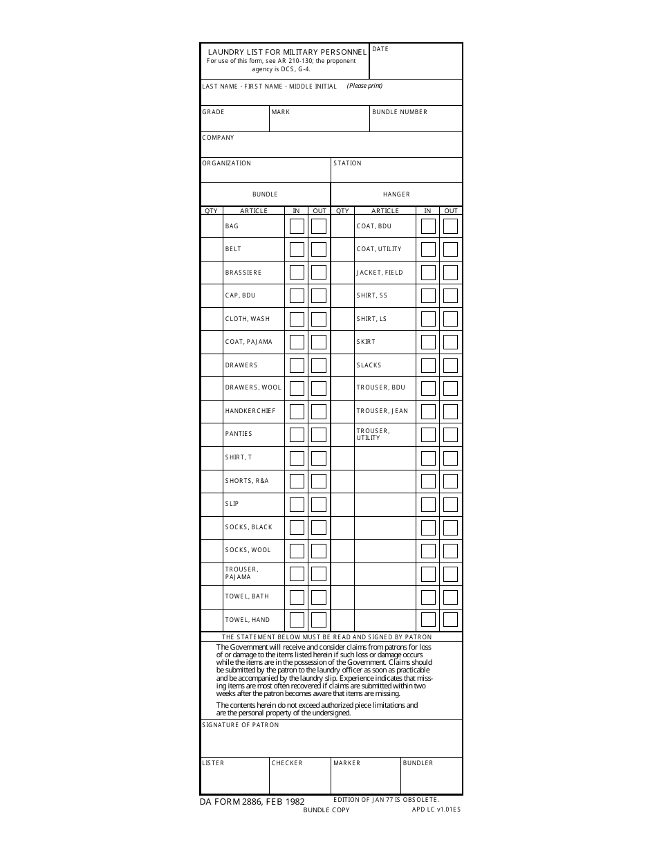 DA Form 2886 Laundry List for Military Personnel, Page 1