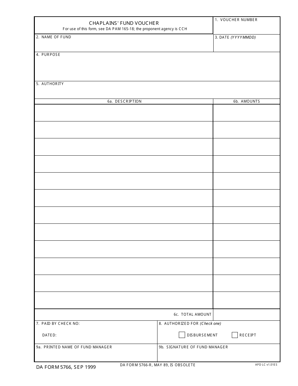 DA Form 5766 Chaplains Fund Voucher, Page 1