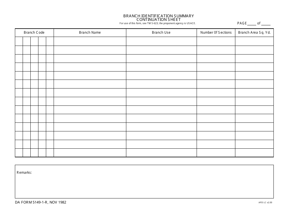 DA Form 5149-1-r Branch Identification Summary - Continuation Sheet, Page 1