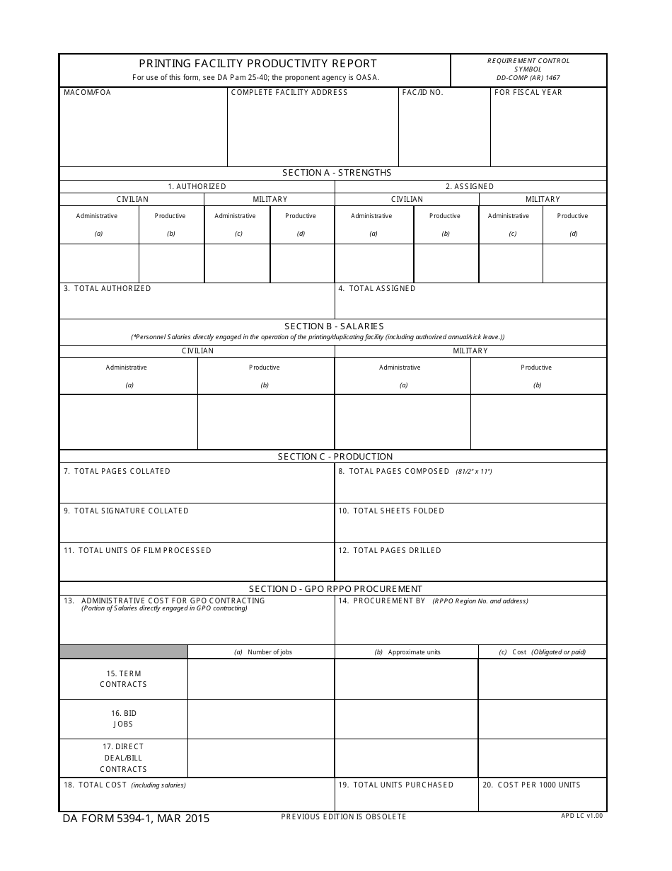 DA Form 5394-1 Printing Facilities Productivity Report, Page 1
