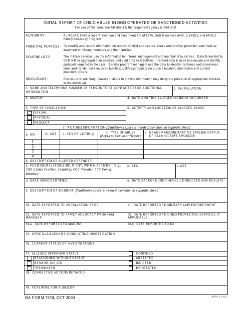 DA Form 7318 Initial Report of Child Abuse in DoD Operated or Sanctioned Activities
