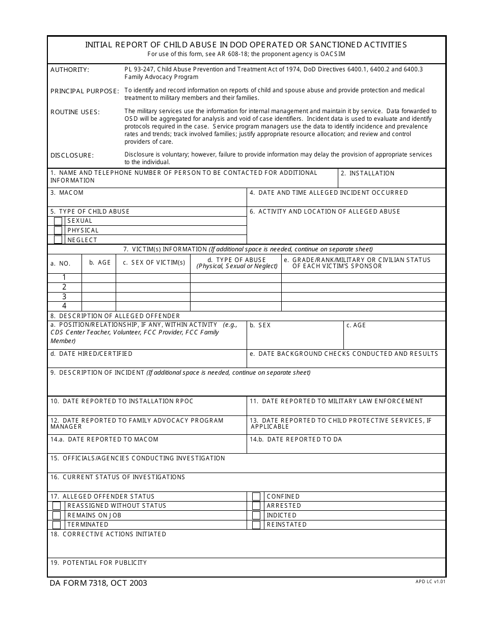 DA Form 7318 - Fill Out, Sign Online and Download Fillable PDF ...