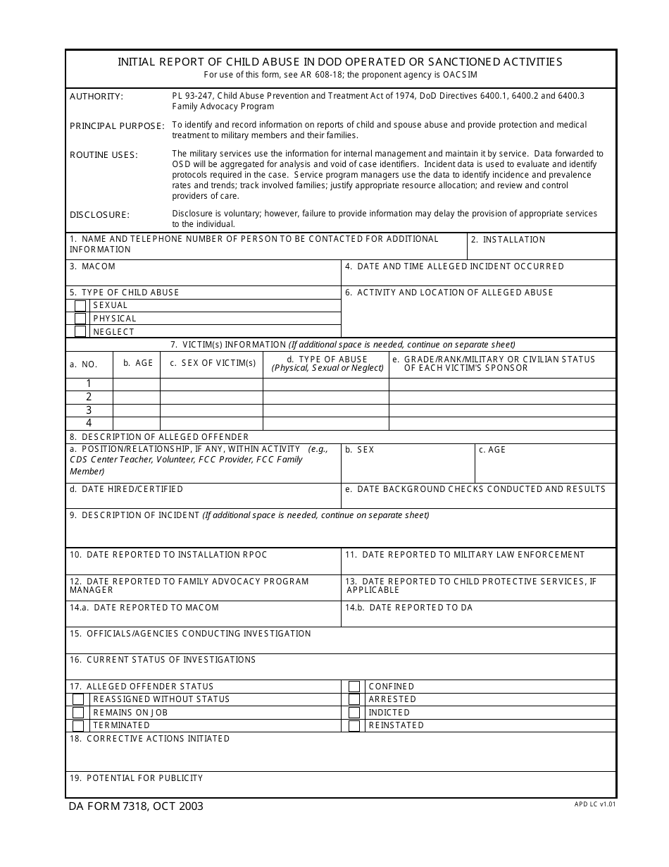 DA Form 7318 Initial Report of Child Abuse in DoD Operated or Sanctioned Activities, Page 1