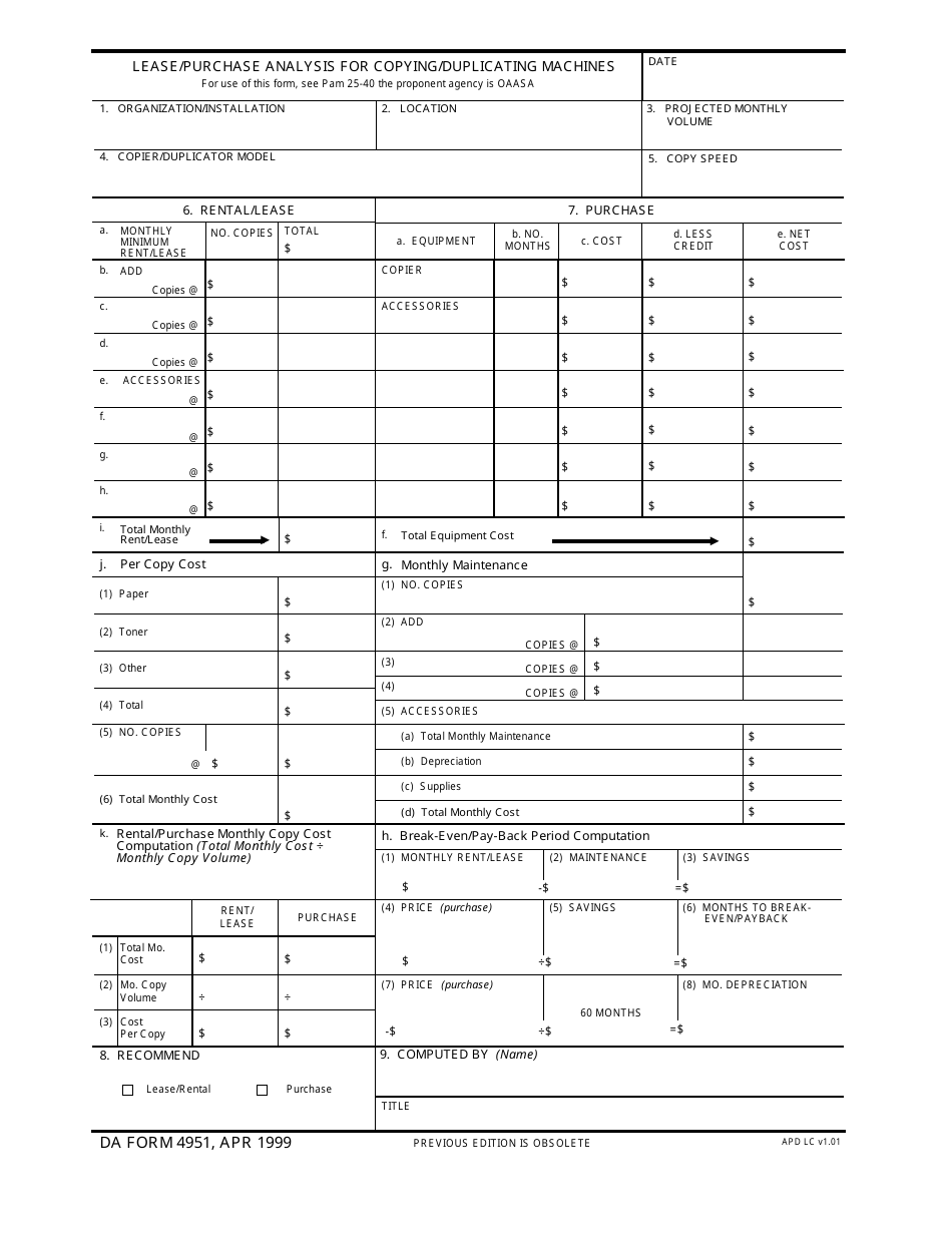 DA Form 4951 Lease / Purchase Analysis for Copying / Duplicating Machines, Page 1