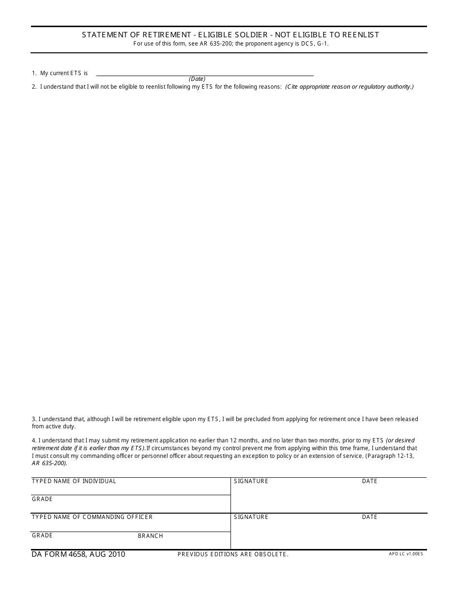 DA Form 4658 Statement of Retirement - Eligible Soldier - Not Eligible to Reenlist, Page 1
