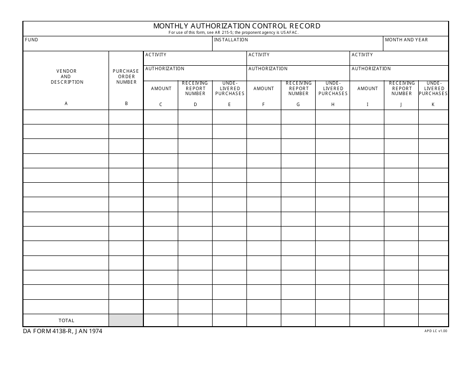 DA Form 4138-r Monthly Authorization Control Record, Page 1