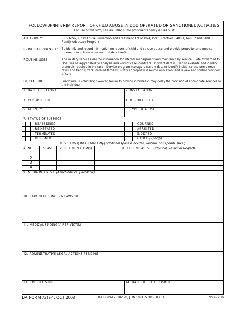 DA Form 7318-1 Follow-Up/Interim Report of Child Abuse in DoD Operated or Sanctioned Activities