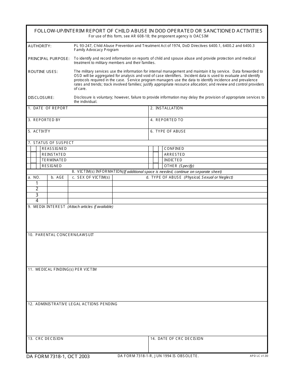 DA Form 7318-1 Follow-Up / Interim Report of Child Abuse in DoD Operated or Sanctioned Activities, Page 1