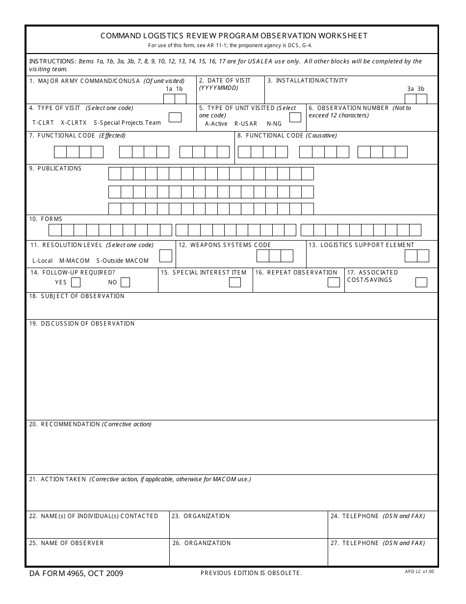 DA Form 4965 Command Logistics Review Program Observation Worksheet, Page 1