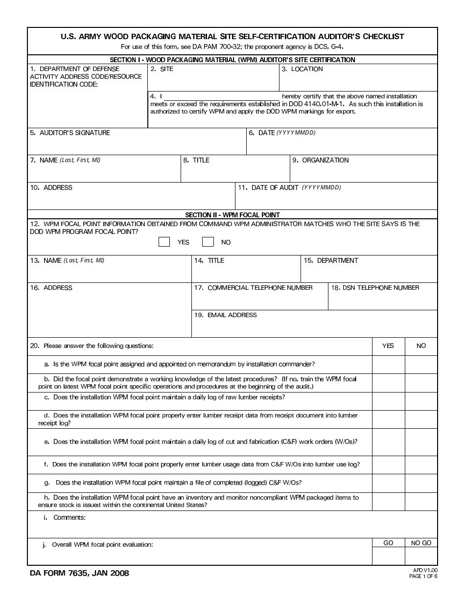 DA Form 7635 U.S. Army Wood Packaging Material Site Self-certification Auditors Checklist, Page 1