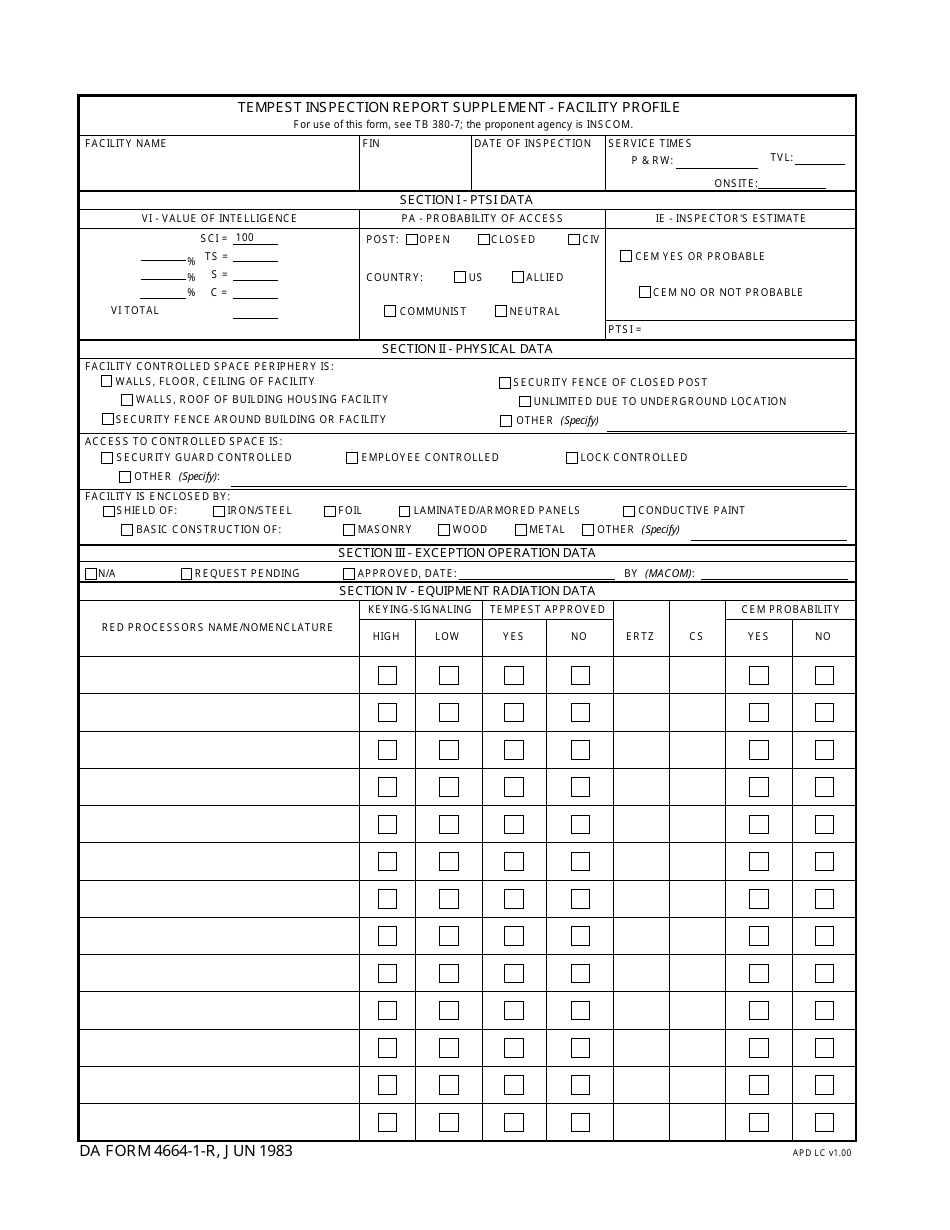 DA Form 4664-1-r Tempest Inspection Report Supplement - Facility Profile, Page 1
