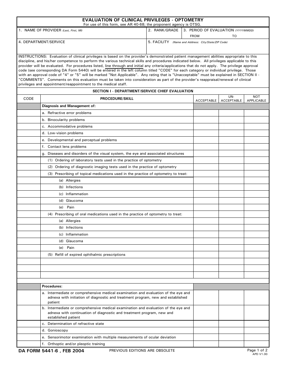 DA Form 5441-6 Evaluation of Clinical Privileges - Optometry, Page 1