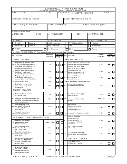 DA Form 5402  Printable Pdf