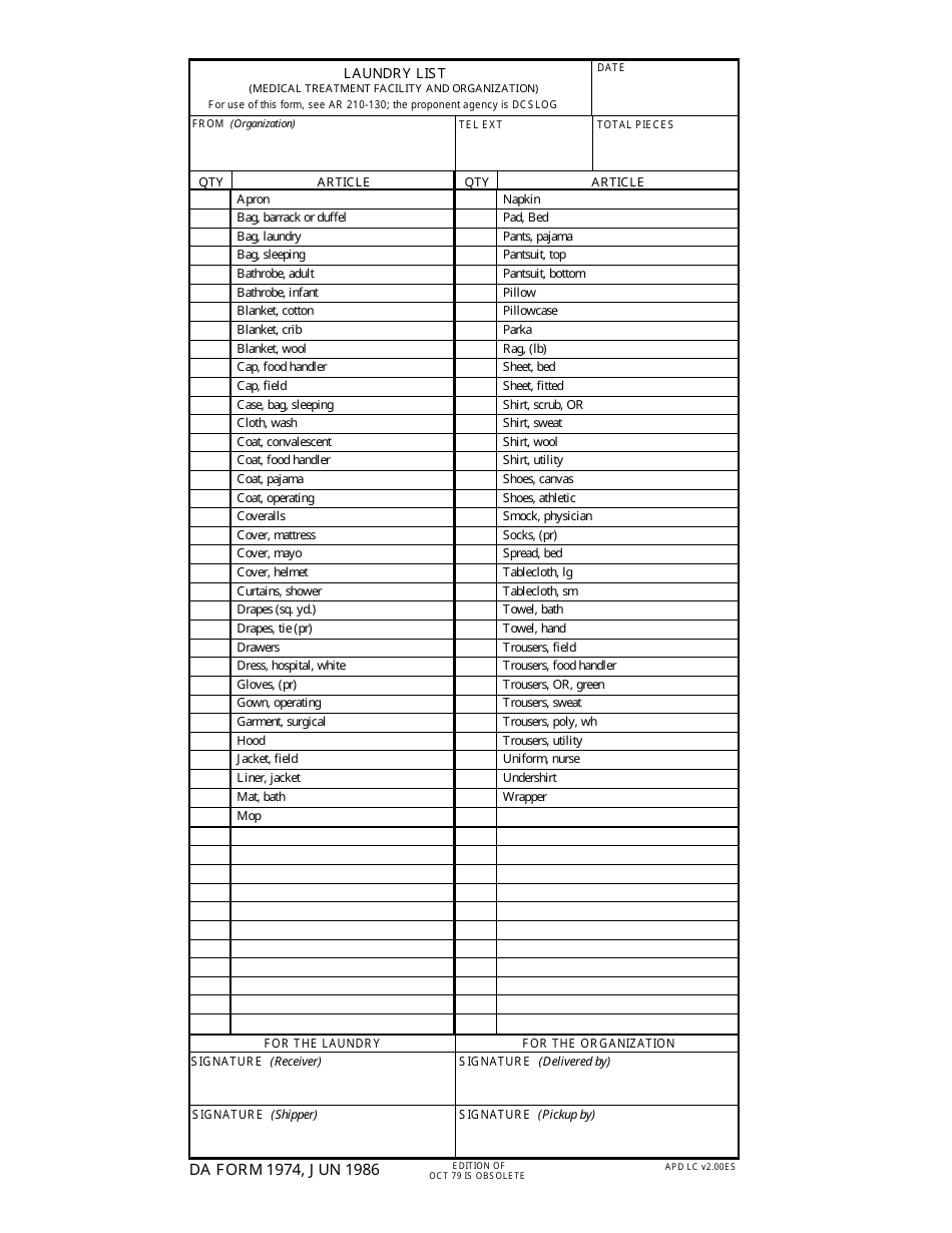 DA Form 1974 Laundry List (Medical Treatment Facility and Organization), Page 1