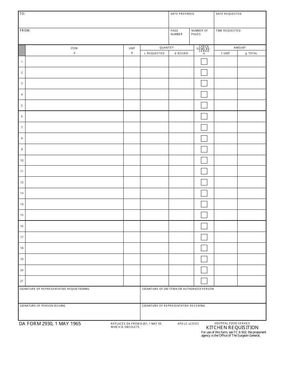 DA Form 2930 Hospital Food Service - Kitchen Requisition, Page 1