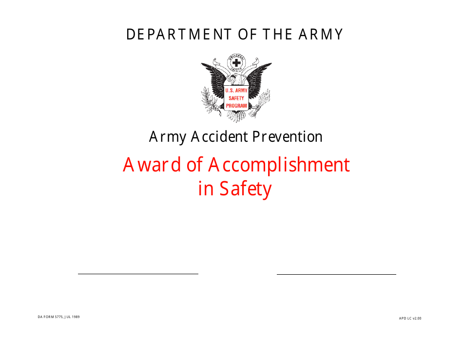 DA Form 5775 Army Accident Prevention - Award of Accomplishment in Safety, Page 1